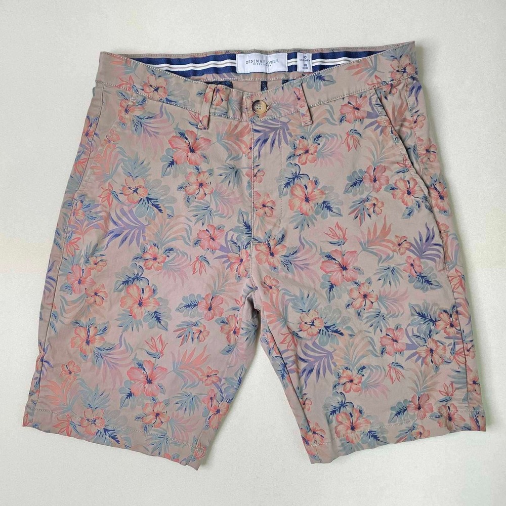 Denim & Flower Ricky Singh Men's 30 Tropical Floral Hawaiian Chino Shorts Tan
